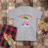 Christmas Children Shirts/ Santa Is Coming Pink and Yellow Toy Car With Christmas Tree Holiday Kids T-Shirts