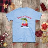Christmas Children Shirts/ Santa Is Coming Red and Yellow Toy Car With Christmas Tree Holiday Kids T-Shirts