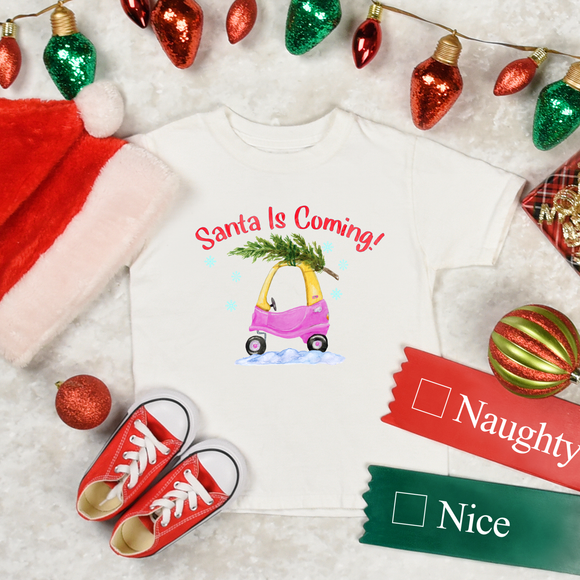 Christmas Children Toddler Shirts/ Santa Is Coming Pink and Yellow Toy Car With Christmas Tree Holiday Toddler T-Shirts