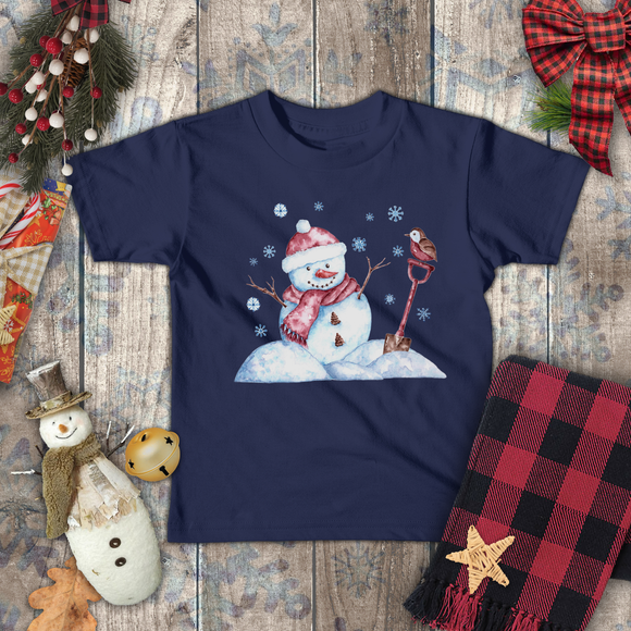 Christmas Children Toddler Shirts/ Watercolor Snowman And Bird With Blue Snowflakes Holiday Toddler T-Shirts