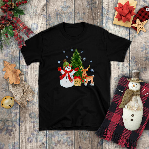 Christmas Children Shirts/ Watercolor Snowman With Reindeer And Tree Winter Holiday Kids T-Shirts