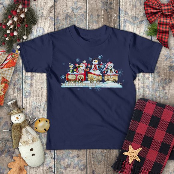 Christmas Children Toddler Shirts/ Watercolor Snowmen On Wooden Train Winter Snow Holiday Toddler T-Shirts