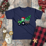 Christmas Children Toddler Shirts/ Green Plaid Tractor And Wooden Cart With Christmas Tree Holiday toddler T-Shirts