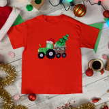 Christmas Children Toddler Shirts/ Green Plaid Tractor And Wooden Cart With Christmas Tree Holiday toddler T-Shirts