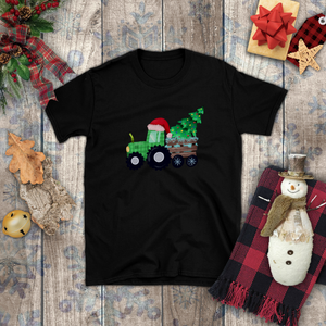 Christmas Children Shirts/ Green Plaid Tractor And Wooden Cart With Christmas Tree Holiday Kids T-Shirts