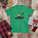 Christmas Children Shirts/ Green Plaid Tractor And Wooden Cart With Christmas Tree Holiday Kids T-Shirts