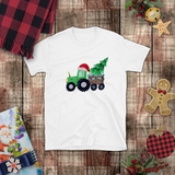 Christmas Children Shirts/ Green Plaid Tractor And Wooden Cart With Christmas Tree Holiday Kids T-Shirts