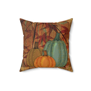 Autumn Fall Pillow/ Watercolor Teal, Chestnut And Orange Pumpkins With Rust Fall Leaves Decor