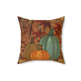 Autumn Fall Pillow/ Watercolor Teal, Chestnut And Orange Pumpkins With Rust Fall Leaves Decor
