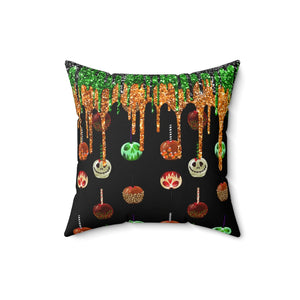 Halloween Throw Pillow/ Caramel Decorated Candy Apples With Glitter Imaged Green, Orange And Black Drips Decor