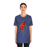 Christmas Shirts/ Red Cardinal With Pine Tree Branches, Holly And Poinsettia Winter Holiday T shirts