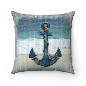 Nautical Throw Pillow/ Sailing Ship Anchor With Vintage World Map Beach Décor/ Coastal Beach Pillow Gift