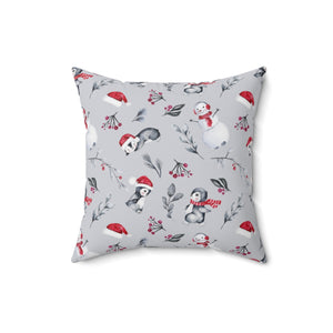 Christmas Pillow/ Watercolor Cute Penguins, Snowmen, Mistletoe and Winter Stems Watercolor Pattern Holiday Décor