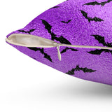 Halloween Throw Pillow/ Purple Glam Imaged Foil With Black Bats Adorned With Green And Purple Glitter Imaged Drips Decor