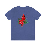 Christmas Shirts/ Red Cardinal With Pine Tree Branches, Holly And Poinsettia Winter Holiday T shirts