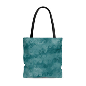 Nautical Tote Bag/ Blue Curled Ocean Waves Digital Watercolor Illustration Coastal Tropical Large Beach Bag