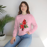 Christmas Cardinal Sweatshirt/ Red Cardinal With Pine Tree Branches, Holly And Poinsettia Winter Holiday Fleece Sweater