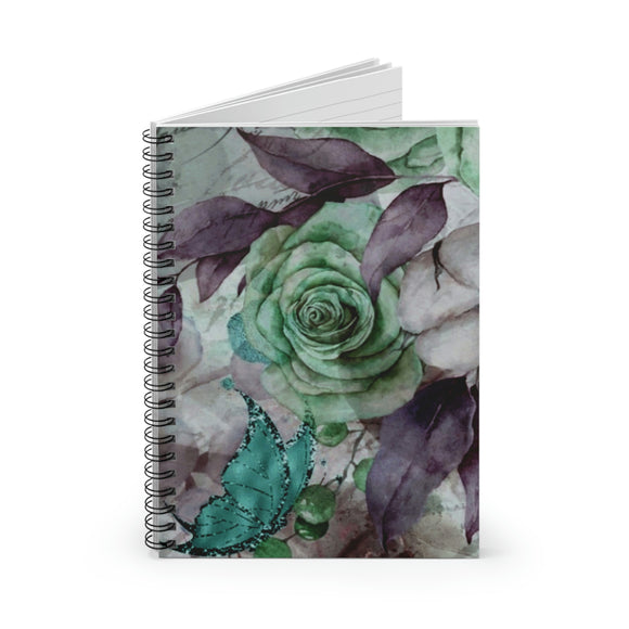 Rose Journal/ Watercolor Green Rose Purple Leaves Teal Butterfly Fantasy Notebook/ Diary Gift