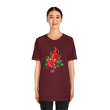 Christmas Shirts/ Red Cardinal With Pine Tree Branches, Holly And Poinsettia Winter Holiday T shirts