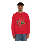 Christmas Cardinal Sweatshirt/ Red Cardinal With Pine Tree Branches, Holly And Poinsettia Winter Holiday Fleece Sweater