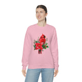 Christmas Cardinal Sweatshirt/ Red Cardinal With Pine Tree Branches, Holly And Poinsettia Winter Holiday Fleece Sweater