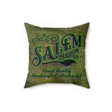 Halloween Throw Pillow/ Salem Witch Broom Company Vintage Purple, Green Store Sign Decor