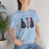 Christmas Shirts/ Watercolor Tie Dye Leopard Print Holiday Trees With Purple, Teal, Pink Bows T shirts