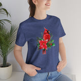 Christmas Shirts/ Red Cardinal With Pine Tree Branches, Holly And Poinsettia Winter Holiday T shirts