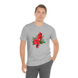 Christmas Shirts/ Red Cardinal With Pine Tree Branches, Holly And Poinsettia Winter Holiday T shirts