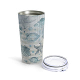Nautical Watercolor Stainless Steel 20oz Tumbler/ Ocean Blue Seashells And Fish Weathered Wood Travel Mug Gift