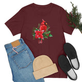 Christmas Shirts/ Red Cardinal With Pine Tree Branches, Holly And Poinsettia Winter Holiday T shirts