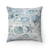 Nautical Throw Pillow/ Watercolor Seashells And Fish Striped Weathered Wood Beach Décor/ Coastal Beach Pillow Gift