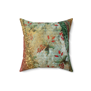 Christmas Poinsettia Pillow/ Red, Gold, Emerald Green Glam Glitter Imaged Typography Distressed Holiday Decor