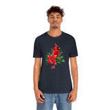Christmas Shirts/ Red Cardinal With Pine Tree Branches, Holly And Poinsettia Winter Holiday T shirts