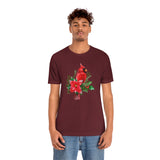 Christmas Shirts/ Red Cardinal With Pine Tree Branches, Holly And Poinsettia Winter Holiday T shirts