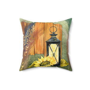 Autumn Fall Pillow/ Watercolor Yellow Sunflower And Black Lantern With Wood Fence And Colored Pampas Grasses Decor