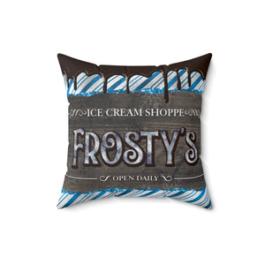 Christmas Pillow/ Retro Vintage Frosty’s Ice Cream Shoppe Blue Candy Stripe Sign With Chocolate Drips Holiday Décor