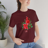 Christmas Shirts/ Red Cardinal With Pine Tree Branches, Holly And Poinsettia Winter Holiday T shirts