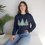 Christmas Sweatshirt/ Watercolor 3 Pine Trees Black And White Deer/ Green Holly Leaves Pajama Winter Fleece Sweater