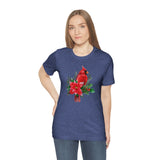 Christmas Shirts/ Red Cardinal With Pine Tree Branches, Holly And Poinsettia Winter Holiday T shirts