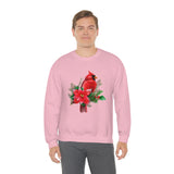 Christmas Cardinal Sweatshirt/ Red Cardinal With Pine Tree Branches, Holly And Poinsettia Winter Holiday Fleece Sweater