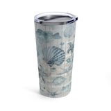 Nautical Watercolor Stainless Steel 20oz Tumbler/ Ocean Blue Seashells And Fish Weathered Wood Travel Mug Gift