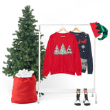 Christmas Sweatshirt/ Watercolor 3 Pine Trees Black And White Deer/ Green Holly Leaves Pajama Winter Fleece Sweater
