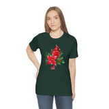 Christmas Shirts/ Red Cardinal With Pine Tree Branches, Holly And Poinsettia Winter Holiday T shirts