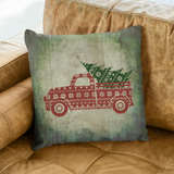 Christmas Pillow/ Farmhouse Christmas Sweater Old Fashion Truck And Tree Vintage Green Parchment Background Holiday Décor