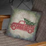 Christmas Pillow/ Farmhouse Christmas Sweater Old Fashion Truck And Tree Vintage Green Parchment Background Holiday Décor