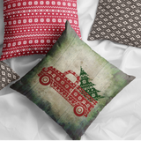 Christmas Pillow/ Farmhouse Christmas Sweater Old Fashion Truck And Tree Vintage Green Parchment Background Holiday Décor