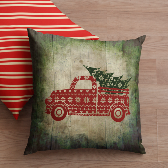 Christmas Pillow/ Farmhouse Christmas Sweater Old Fashion Truck And Tree Vintage Green Parchment Background Holiday Décor