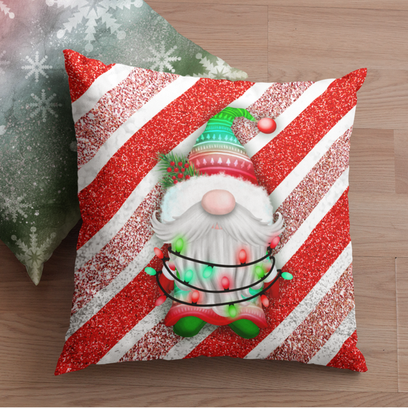 Christmas Pillow/ Winter Gnome Christmas Lights Candy Cane Stripe Glitter Glam Holiday Décor