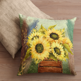 Autumn Fall Pillow/ Watercolor Yellow Sunflowers Wood Crate And Colored Pampas Grasses Decor